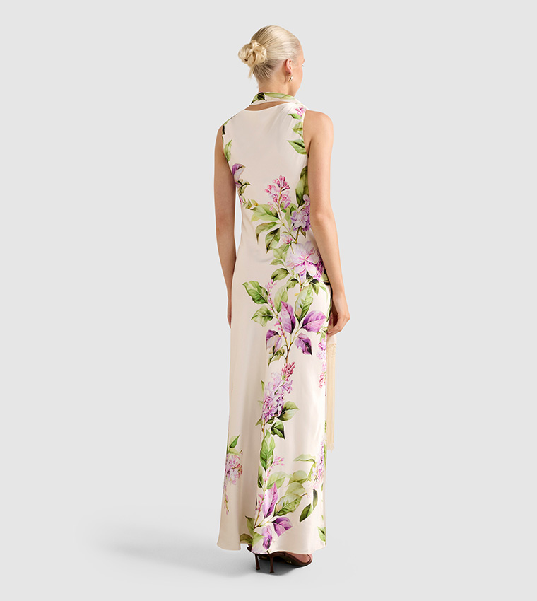 ARIANE Tassel Scarf Satin Maxi Dress