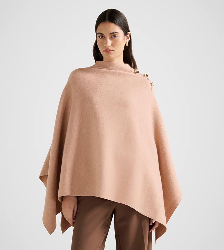 LANA Button Detail High Neck Knit Cape