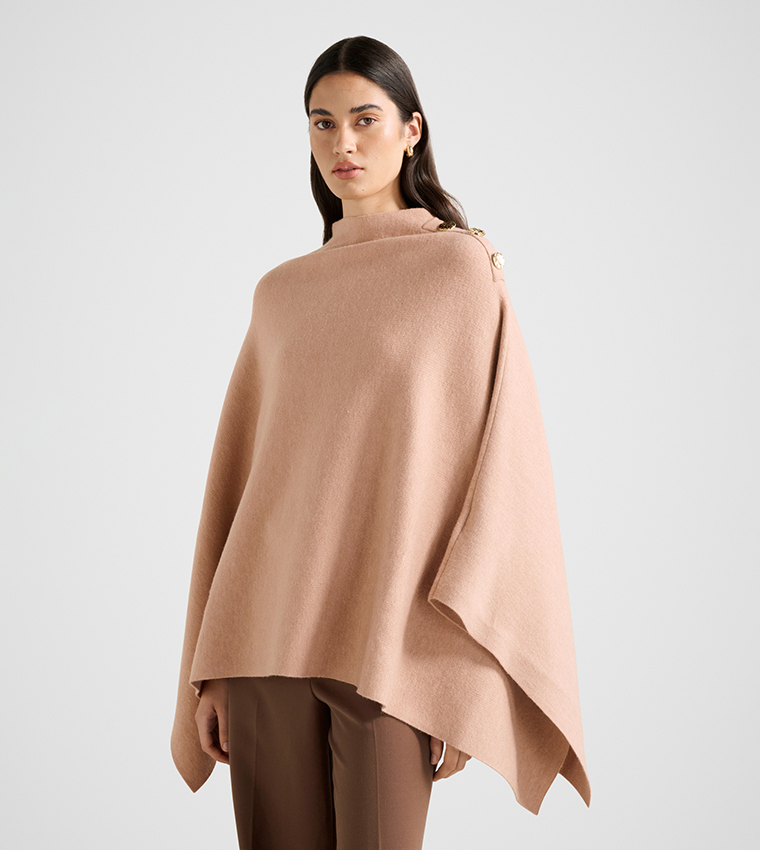 LANA Button Detail High Neck Knit Cape