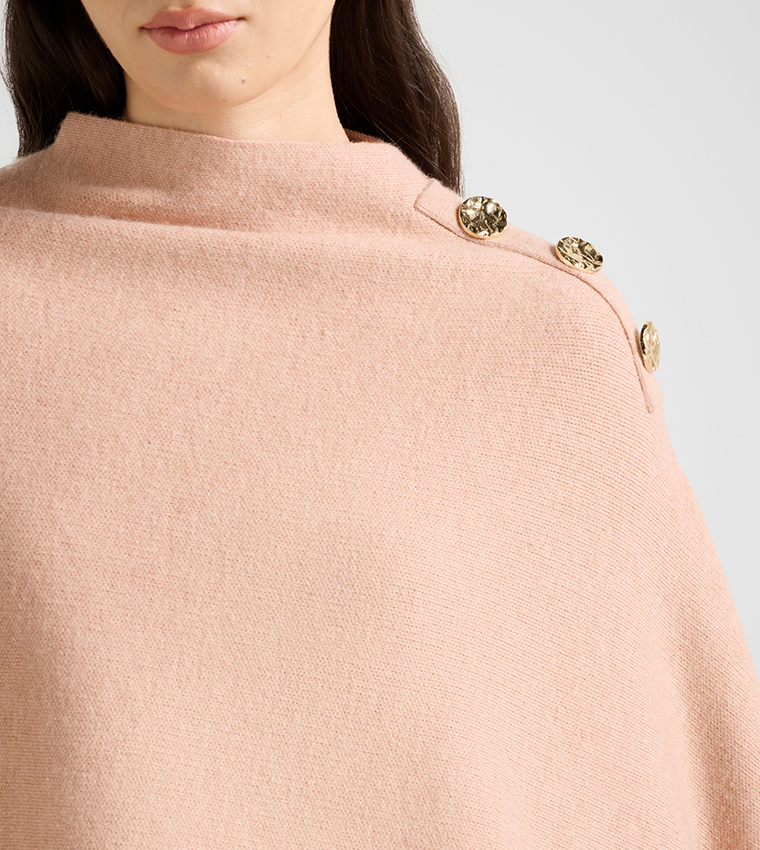 LANA Button Detail High Neck Knit Cape