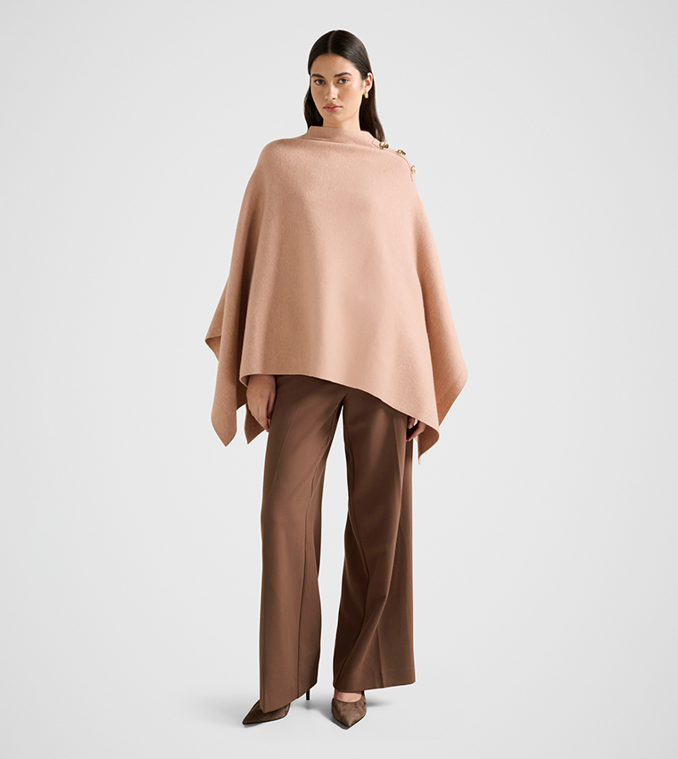 LANA Button Detail High Neck Knit Cape