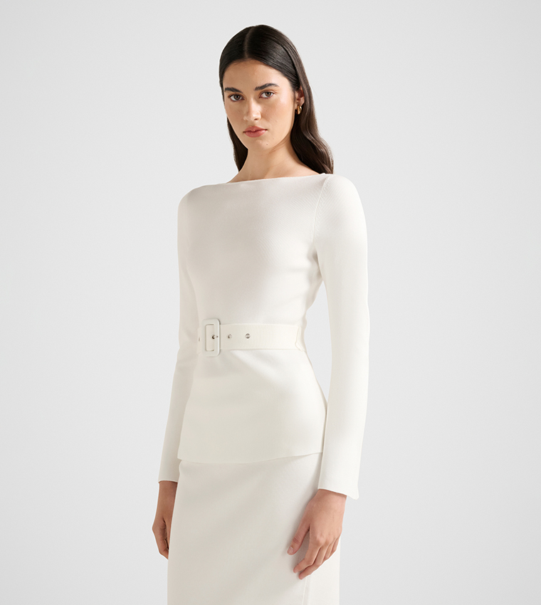 ARABELLA Ribbed Belted Long Sleeves Knit Top