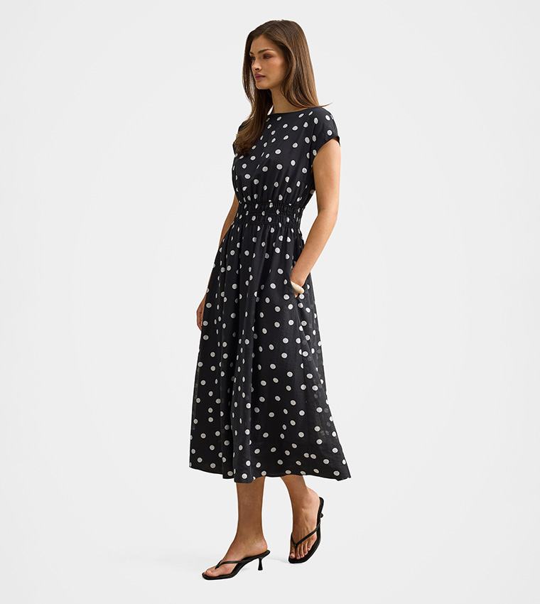 CALLIE Polka Dots Elastic Waist Midi Dress