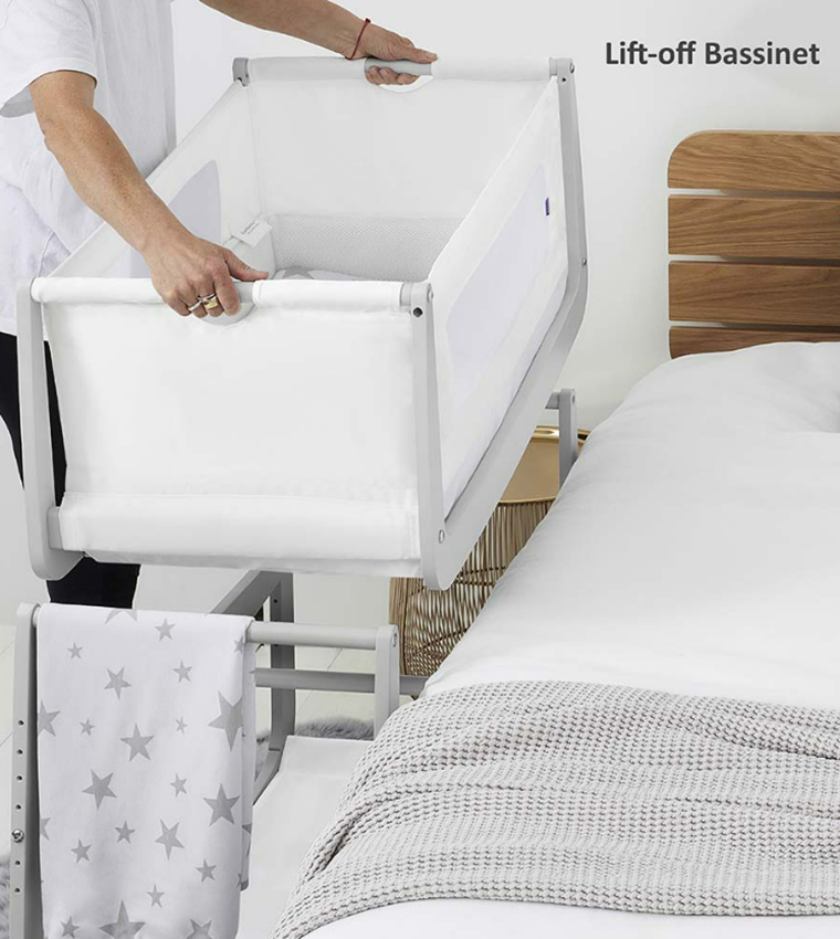  Babygrow Pod4 Baby Bedside Crib Safety Tested, Breathable Mattress and Dual View Mesh Windows - 100 L x 95 W x 49 H cm, Haze Grey
