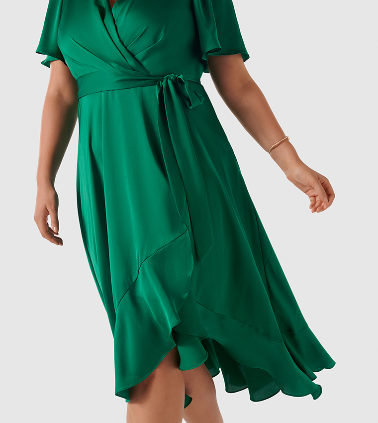 SIENNA Curve Satin Ruffle Hem Wrap Dress