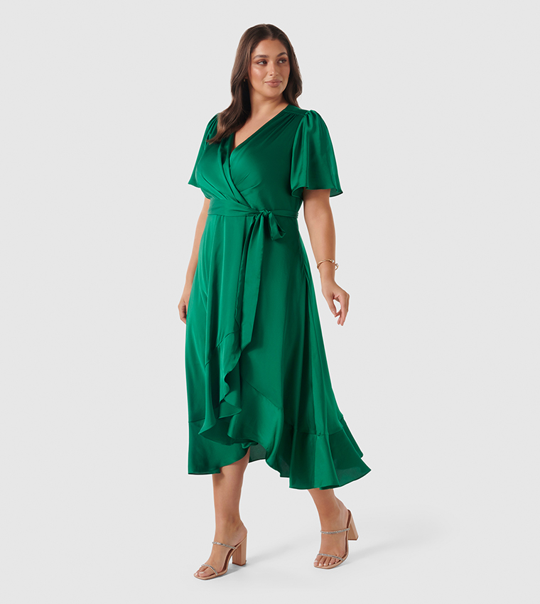 SIENNA Curve Satin Ruffle Hem Wrap Dress