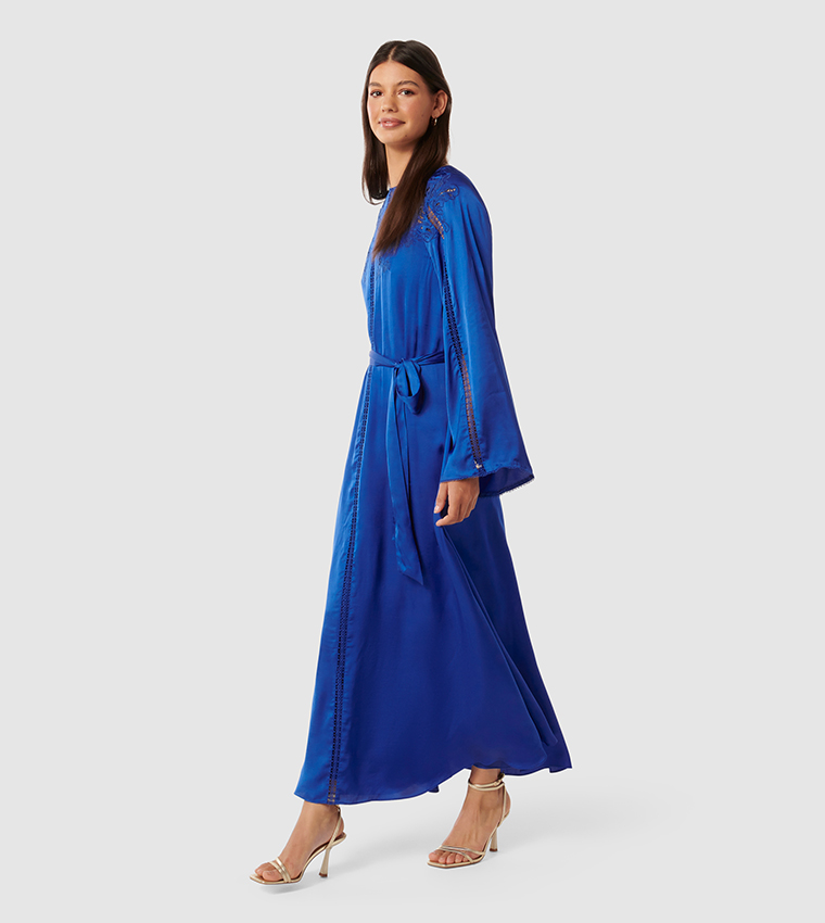 BRIELLE Lace Trim Satin Maxi Dress