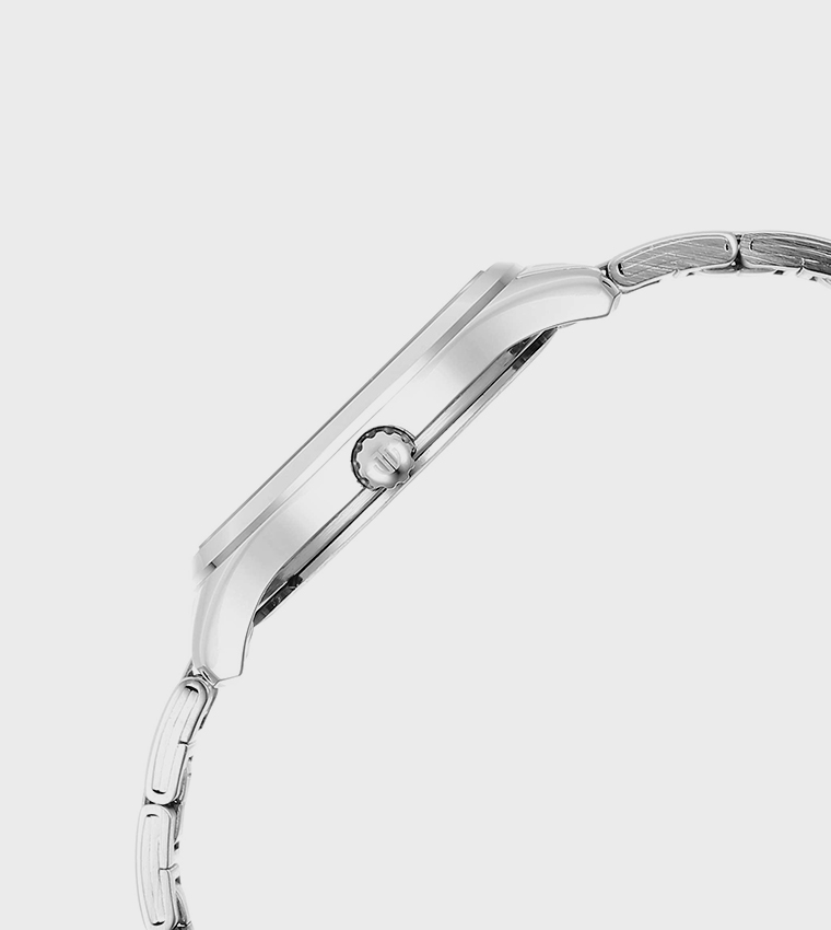 ساعة انالوج بقرص فضي وحزام جلدي