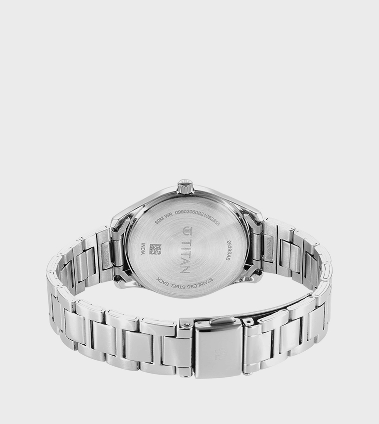 ساعة انالوج بقرص فضي وحزام جلدي