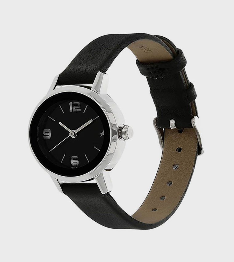 Black Dial Leather Strap Watch