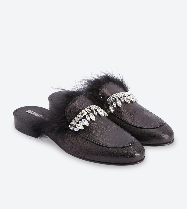 Open Back Tassel Details Block Heel Mules - Black FW11