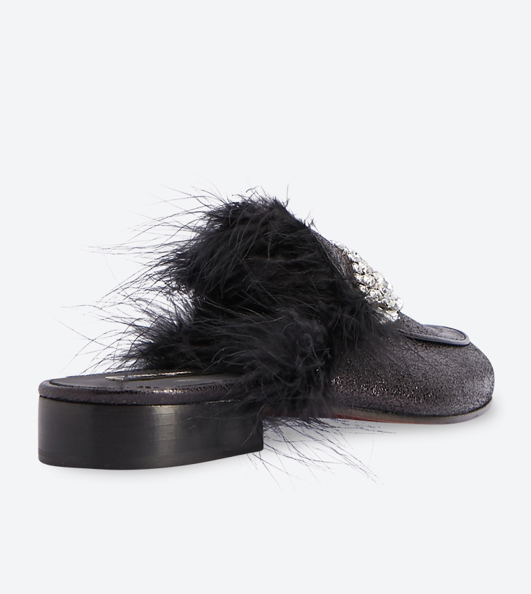 Open Back Tassel Details Block Heel Mules - Black FW11