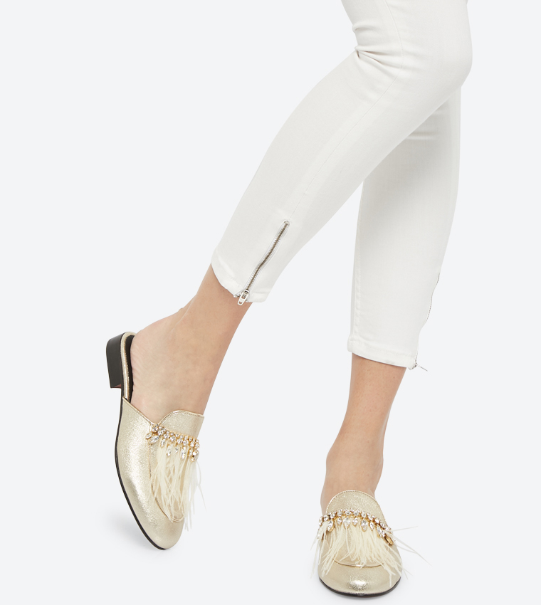Open Back Tassel Details Block Heel Mules - Gold FW11