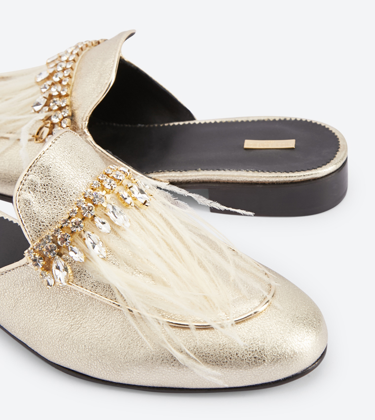 Open Back Tassel Details Block Heel Mules - Gold FW11