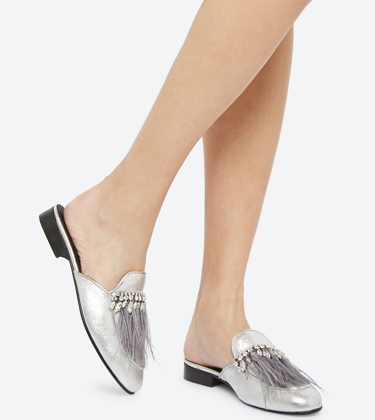 Open Back Tassel Details Block Heel Mules - Silver FW11