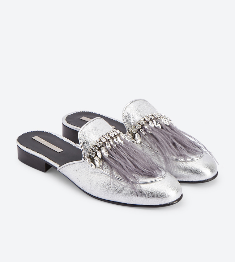 Open Back Tassel Details Block Heel Mules - Silver FW11