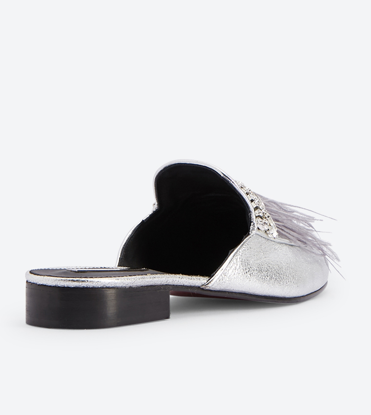 Open Back Tassel Details Block Heel Mules - Silver FW11