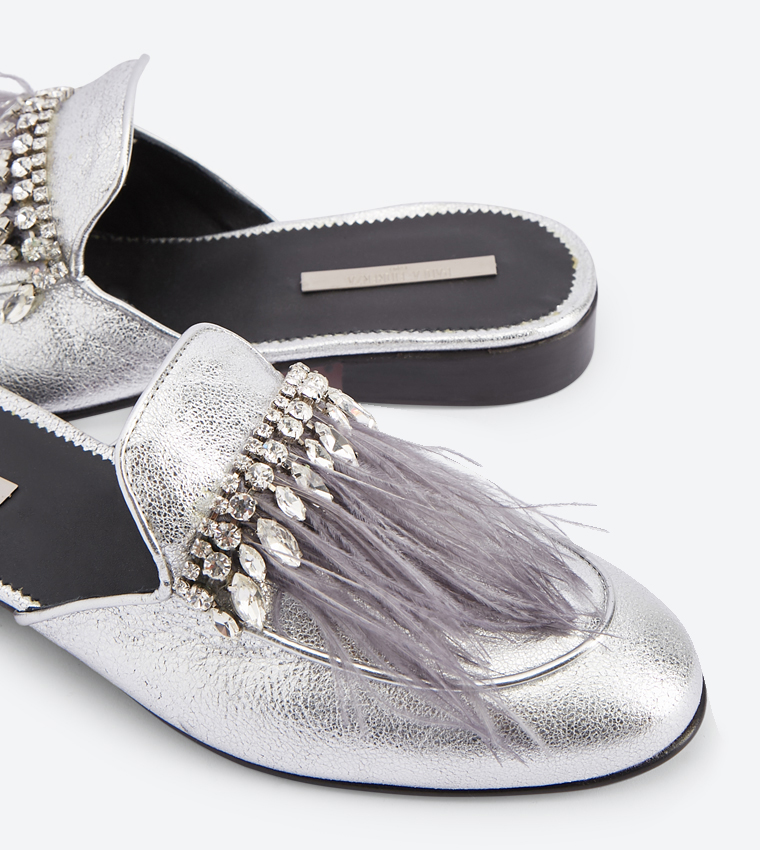Open Back Tassel Details Block Heel Mules - Silver FW11