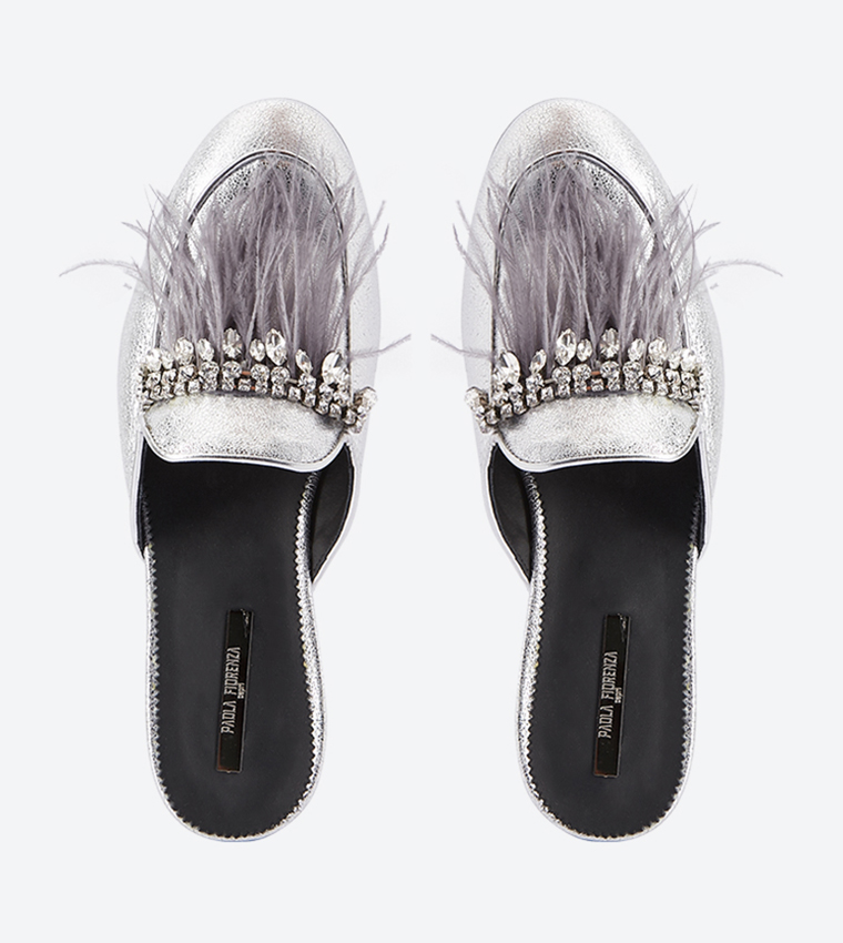 Open Back Tassel Details Block Heel Mules - Silver FW11