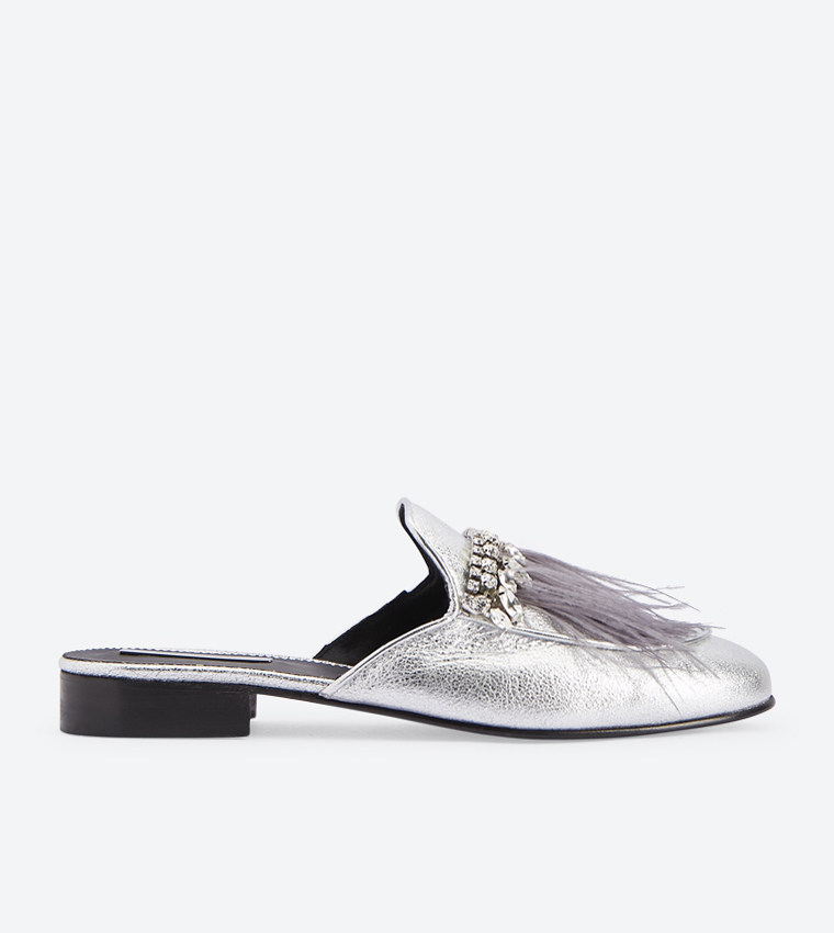 Open Back Tassel Details Block Heel Mules - Silver FW11