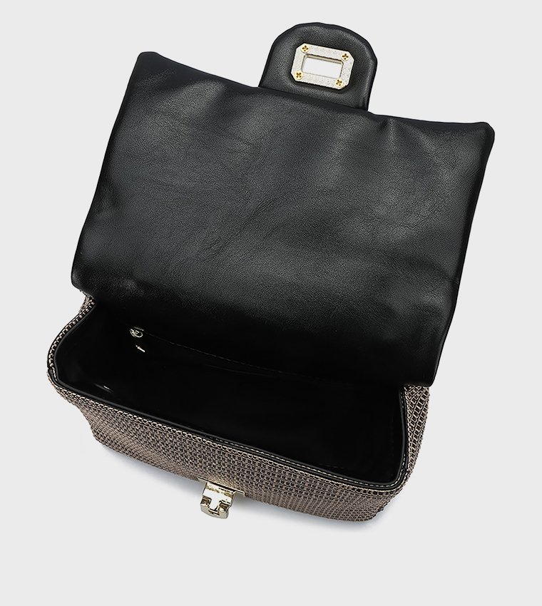 Buy Fyor Embroidered Flap Twist Lock Top Handle Bag In Black ...