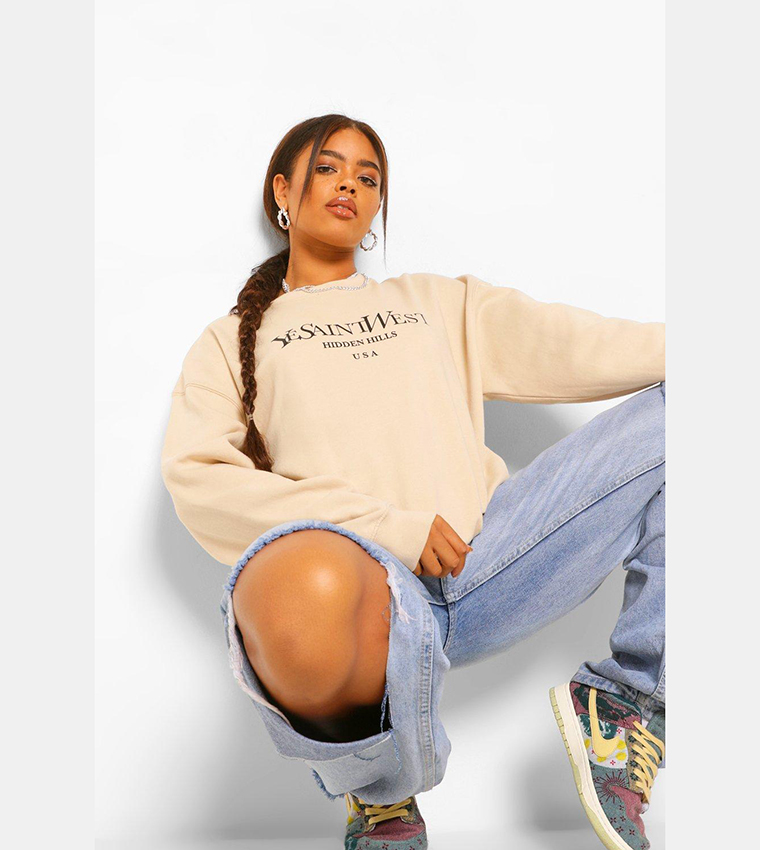 Buy Boohoo Ye Saint West Slogan Oversized Sweatshirt In Beige