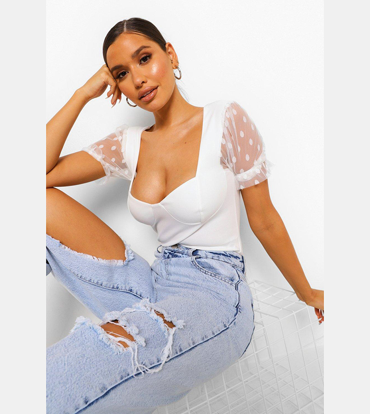 Boohoo Outlet Mesh Top Puff Sleeve Buy Boohoo Outlet Dobby Mesh