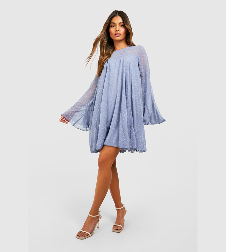 Buy Boohoo Dobby Mesh Pleated Detail Smock Dress In Blue | 6thstreet UAE