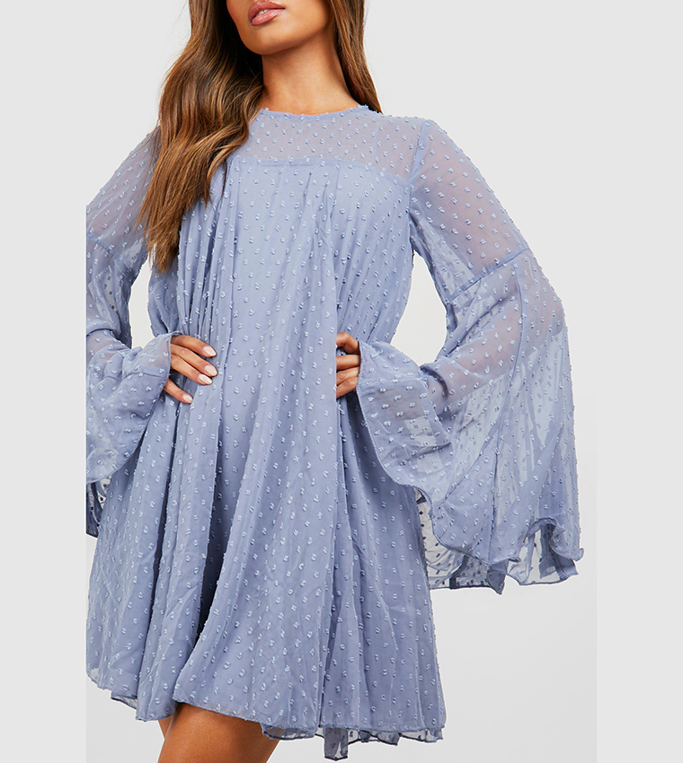 Buy Boohoo Dobby Mesh Pleated Detail Smock Dress In Blue | 6thstreet UAE