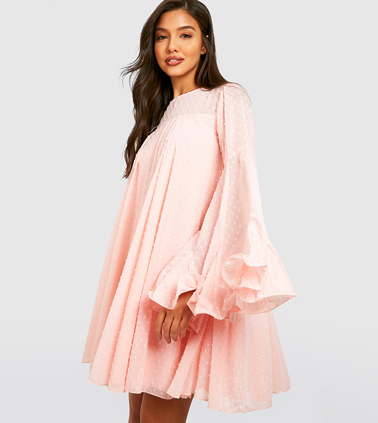 knee length dresses for ladies CurveWow Dobby Mesh Tiered Hem Skater Dress Pink – Curvewow