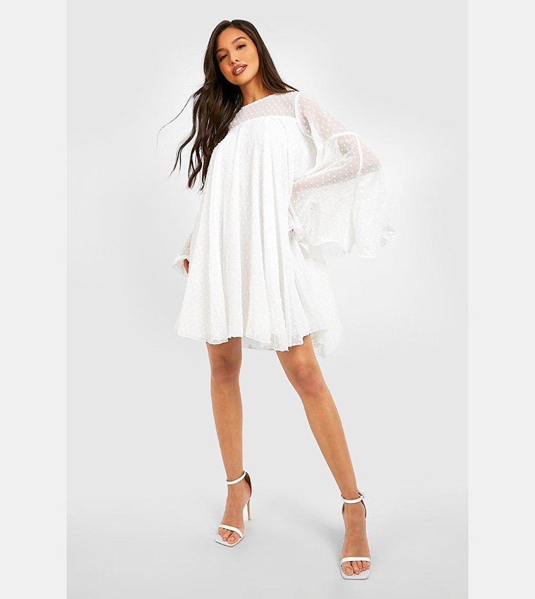 dobby mesh pleated detail smock dress Buy Boohoo Dobby Mesh Pleated Detail Smock Dress In White