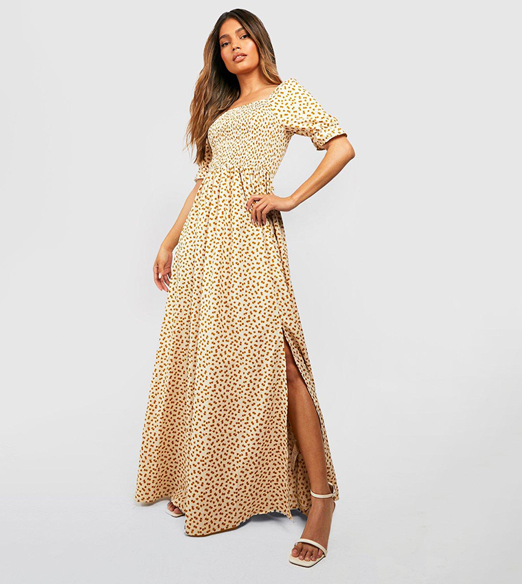 chinese dress ladies Rent Asos Design Shirred Waist Midi Tea Dress With Volume Sleeve In Pink Ditsy  Print