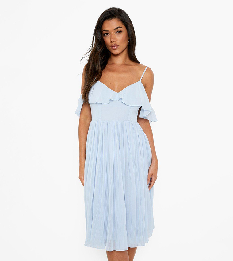 Buy Boohoo Cold Shoulder Ruffle Midi Bridesmaid Dress In Blue 6thStreet Kuwait