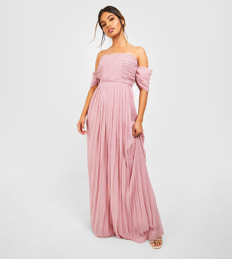 Buy Boohoo Pleated Bardot Bridesmaid Maxi Dress In Pink