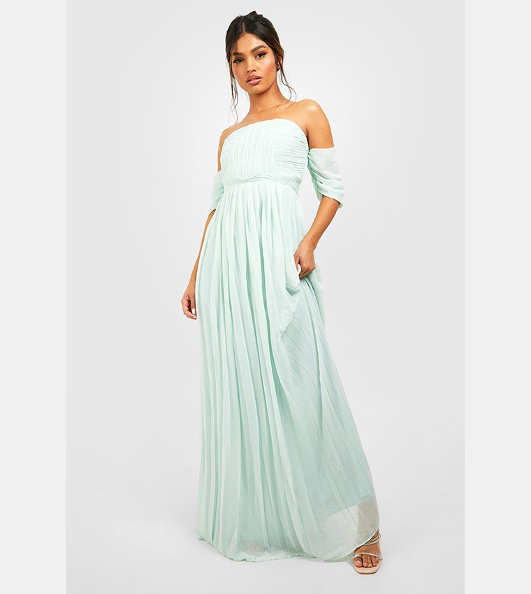 Buy Boohoo Pleated Bardot Bridesmaid Maxi Dress In Green | 6thstreet Oman