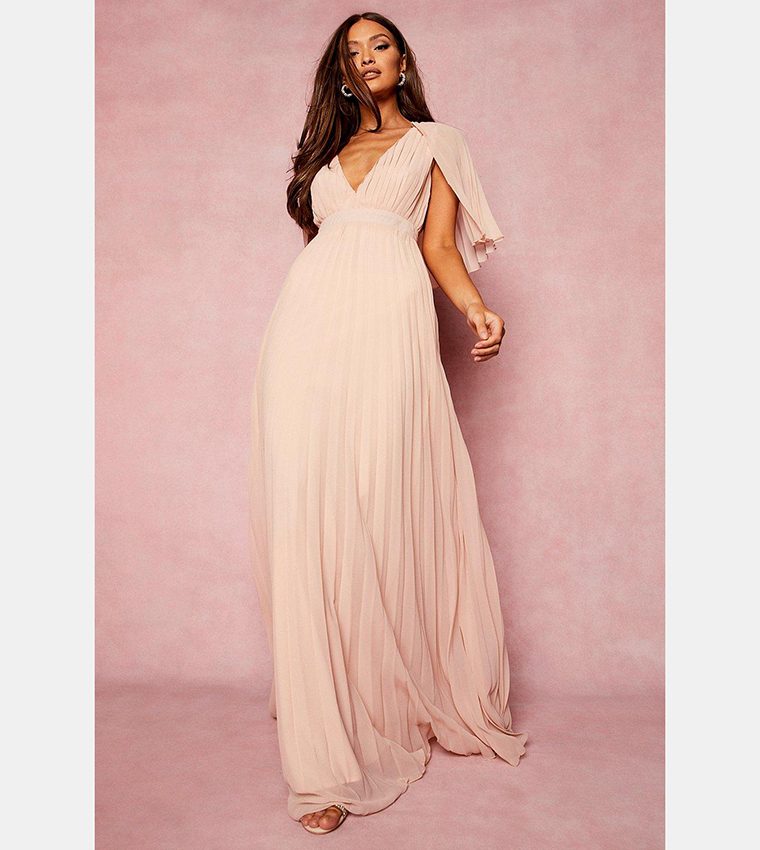 Buy Boohoo Pleated Cape Detail Bridesmaid Maxi Dress In Pink ...