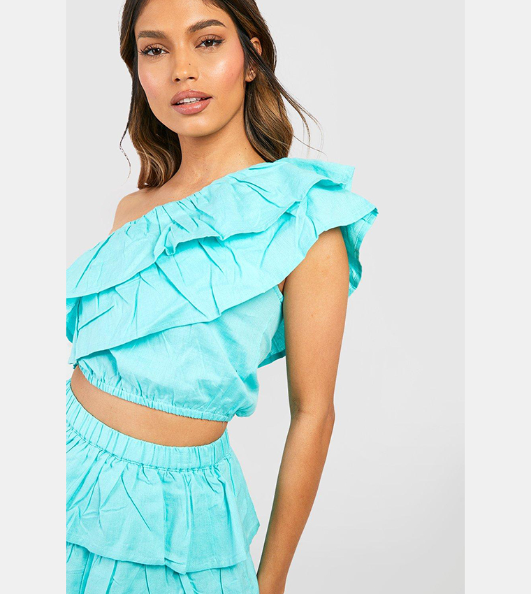 Buy Boohoo One Shoulder Ruffle Top And Mini Skirt Set In Green
