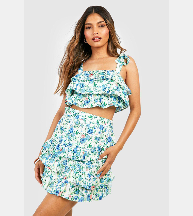 Floral ruffle top clearance and mini skirt set