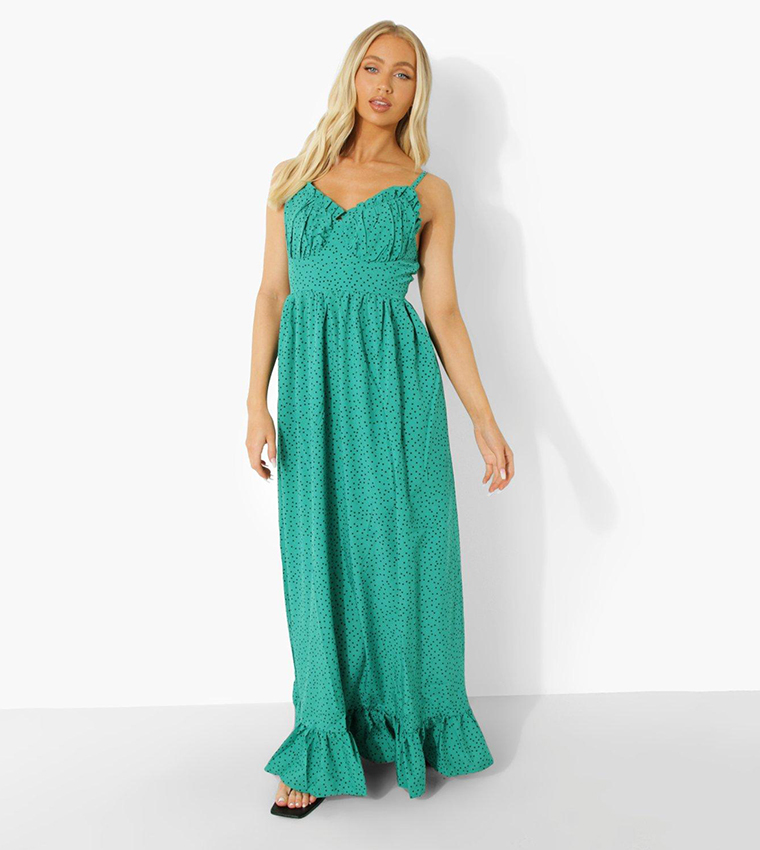 Buy Boohoo Polka Dot Ruched Bust Frill Hem Maxi Dress In Green