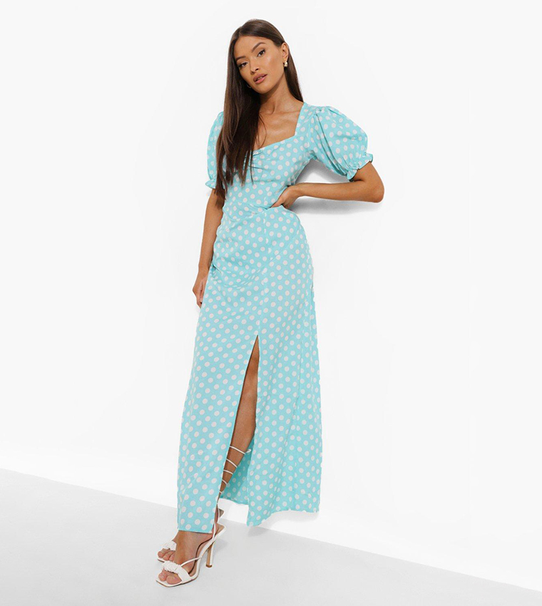 boohoo green polka dot dress Buy Boohoo Polka Dot Ruched Bust Frill Hem Maxi Dress In Green