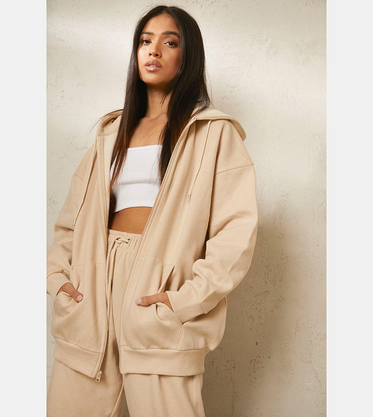 Buy Boohoo Petite Recycled Oversized Zip Through Hoodie In Beige