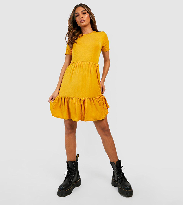 Buy Boohoo Short Sleeves Drop Hem Smock Dress In Yellow | 6thStreet Kuwait