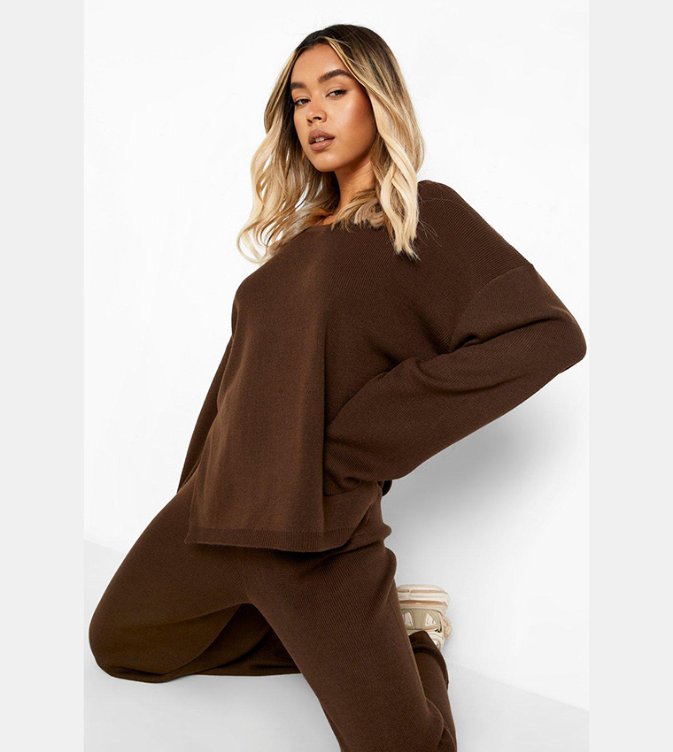 Buy Boohoo V Neck Wide Leg Knitted Co Ord Set In Brown 6thStreet