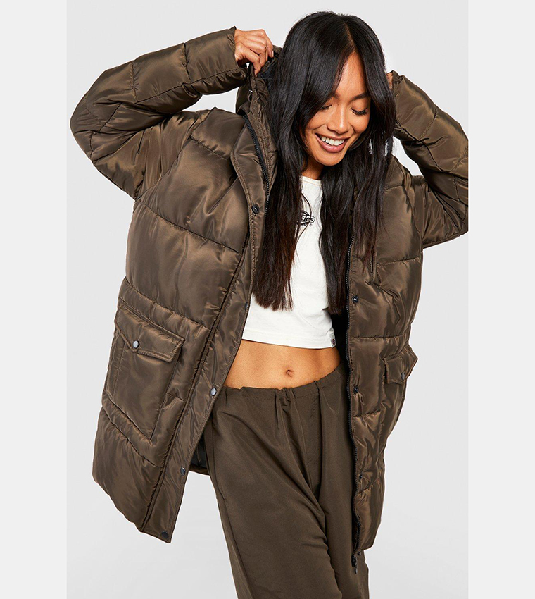 Buy Boohoo Pocket Detail Hooded Puffer Jacket In Khaki 6thStreet Bahrain