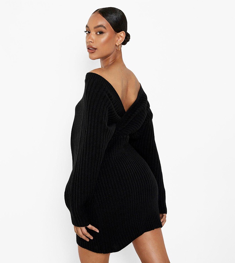 Buy Boohoo Off The Shoulder Ribbed Knit Dress In Black