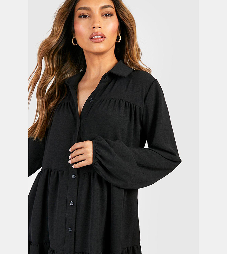 Buy Boohoo Tiered Smock Shirt Dress In Black