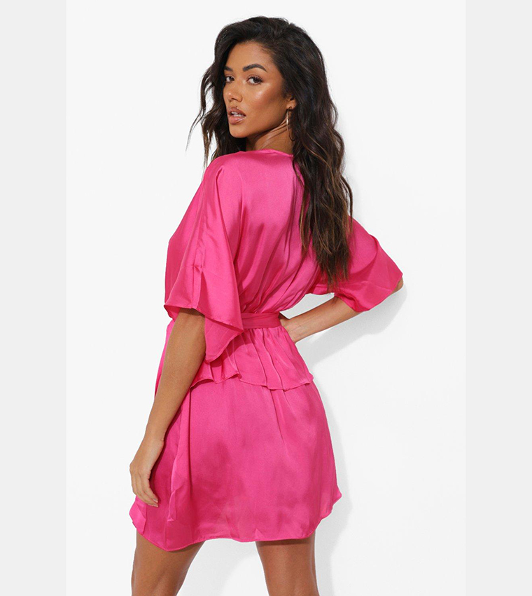 Buy Boohoo Satin Volume Short Sleeves Belted Skater Dress In Pink ...