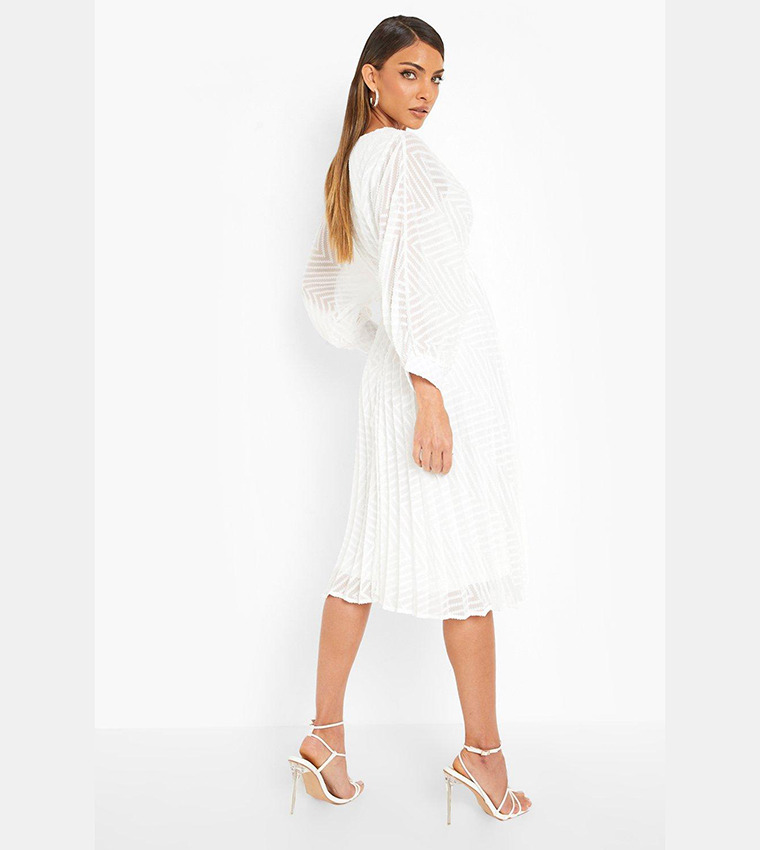 white dobby mesh dress Buy Boohoo Dobby Mesh Pleated Balloon Sleeves Midi Dress In White