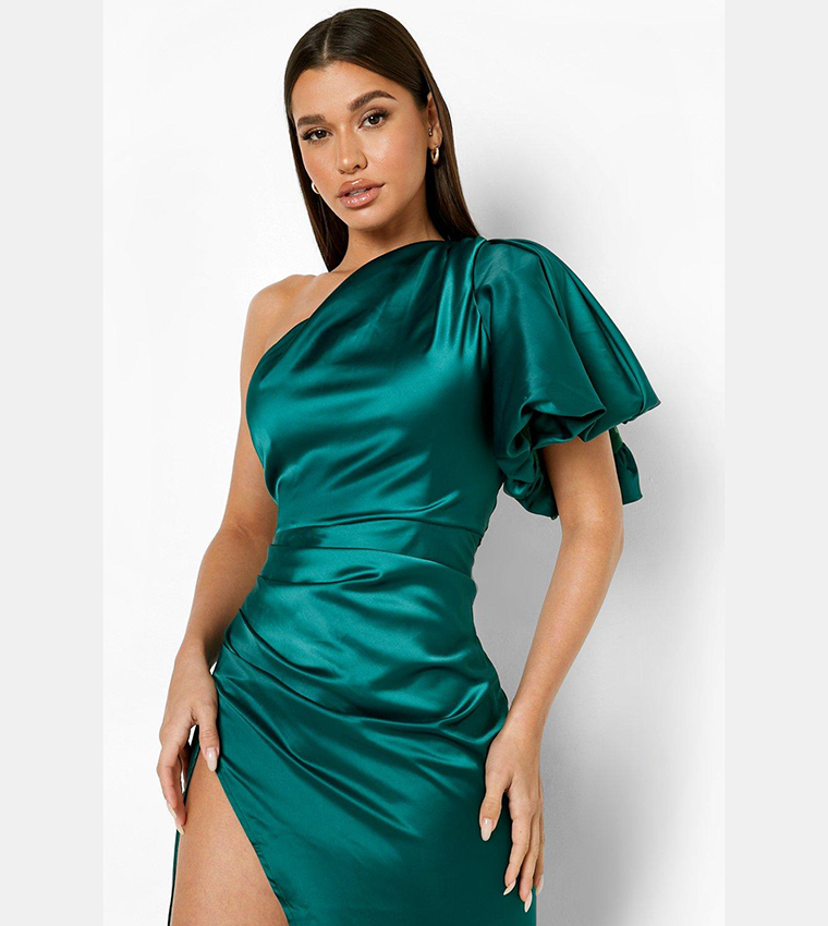 Buy Boohoo Puff One Shoulder Side Split Maxi Dress In Green