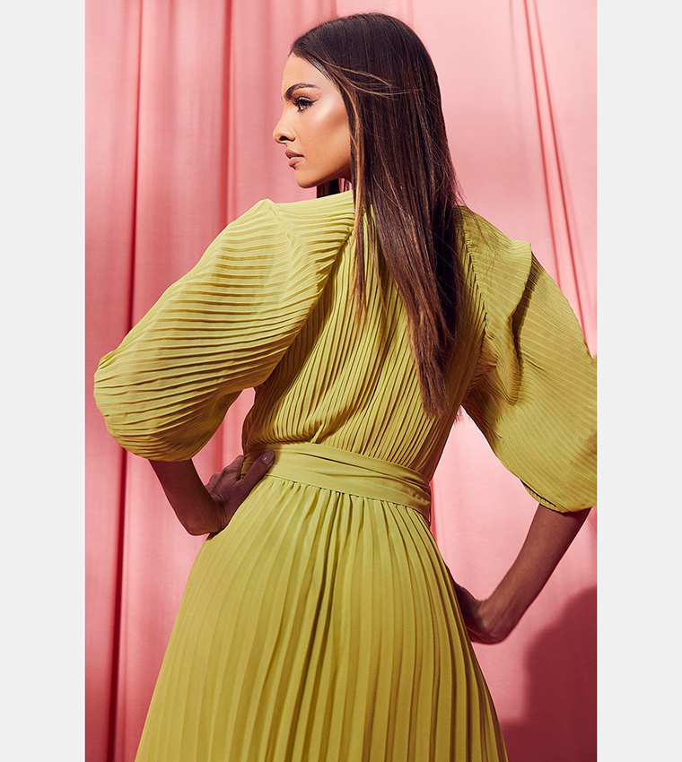 Pleated Puff Sleeves Midi Dress